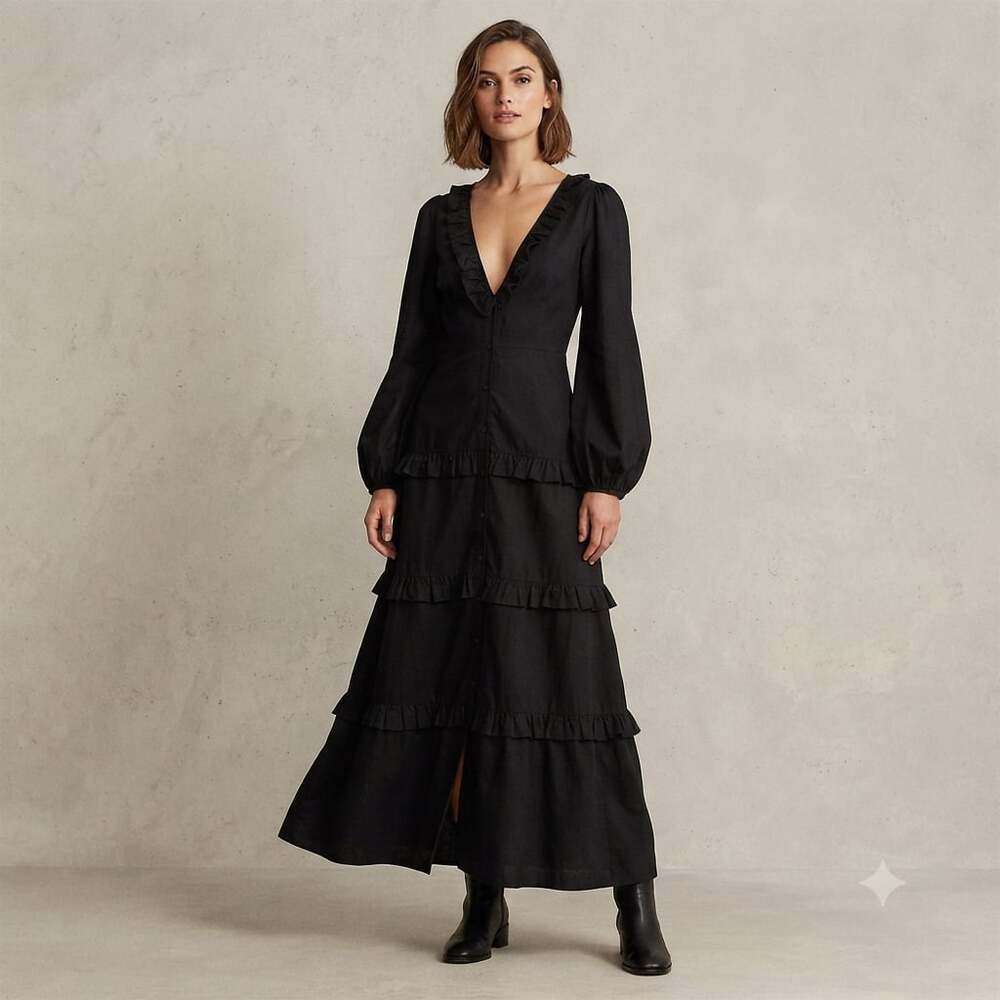 Commense Long Sleeve Tiered Ruffle V-Neck Semi Sheer Maxi Dress - Picture 1 of 9